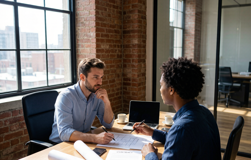 Freelancer and client reviewing project blueprints