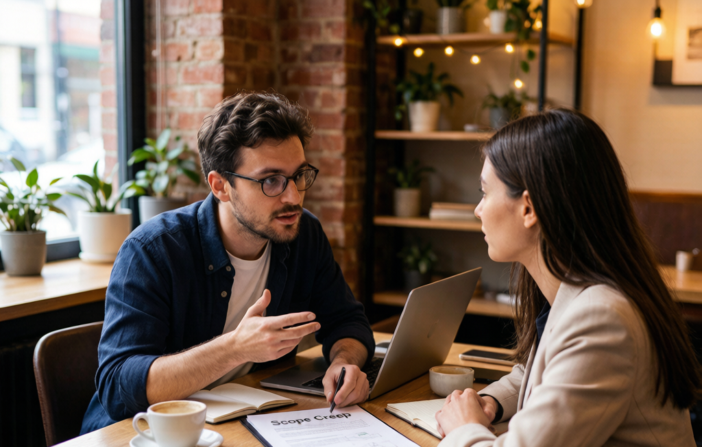 Freelancer explaining scope creep to client over coffee