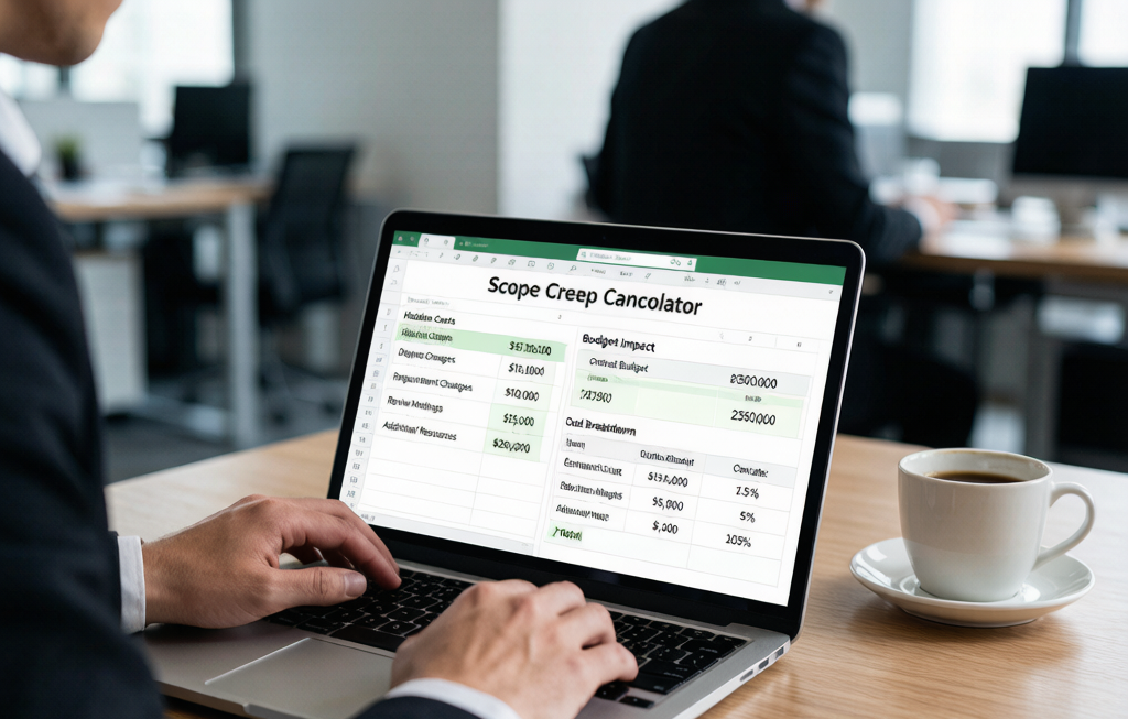 Businessperson analyzing scope creep calculator spreadsheet