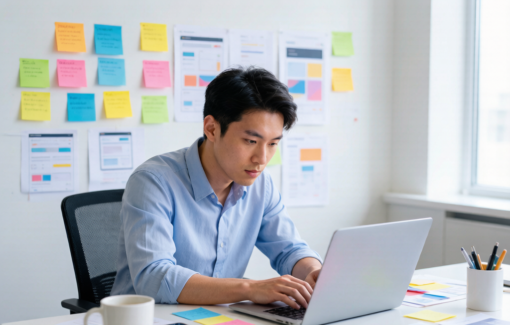 Designer reviewing project requirements with sticky notes
