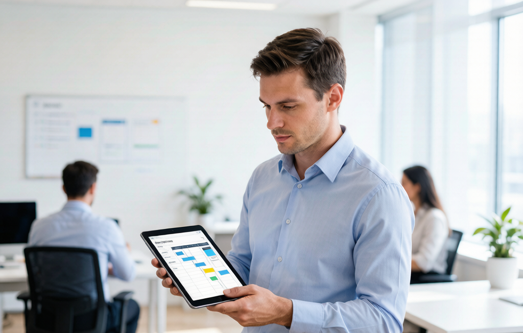 Project manager using digital tablet for project timeline