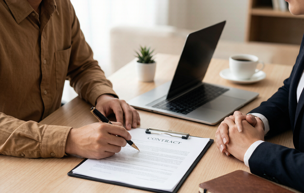 Freelancer and client signing project contract