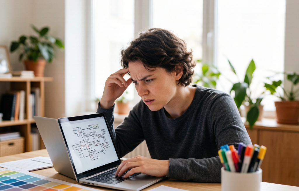 Freelancer overwhelmed by scope creep at laptop