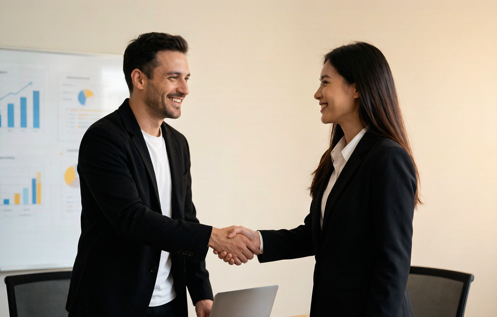 Freelancer and client shaking hands after scope agreement